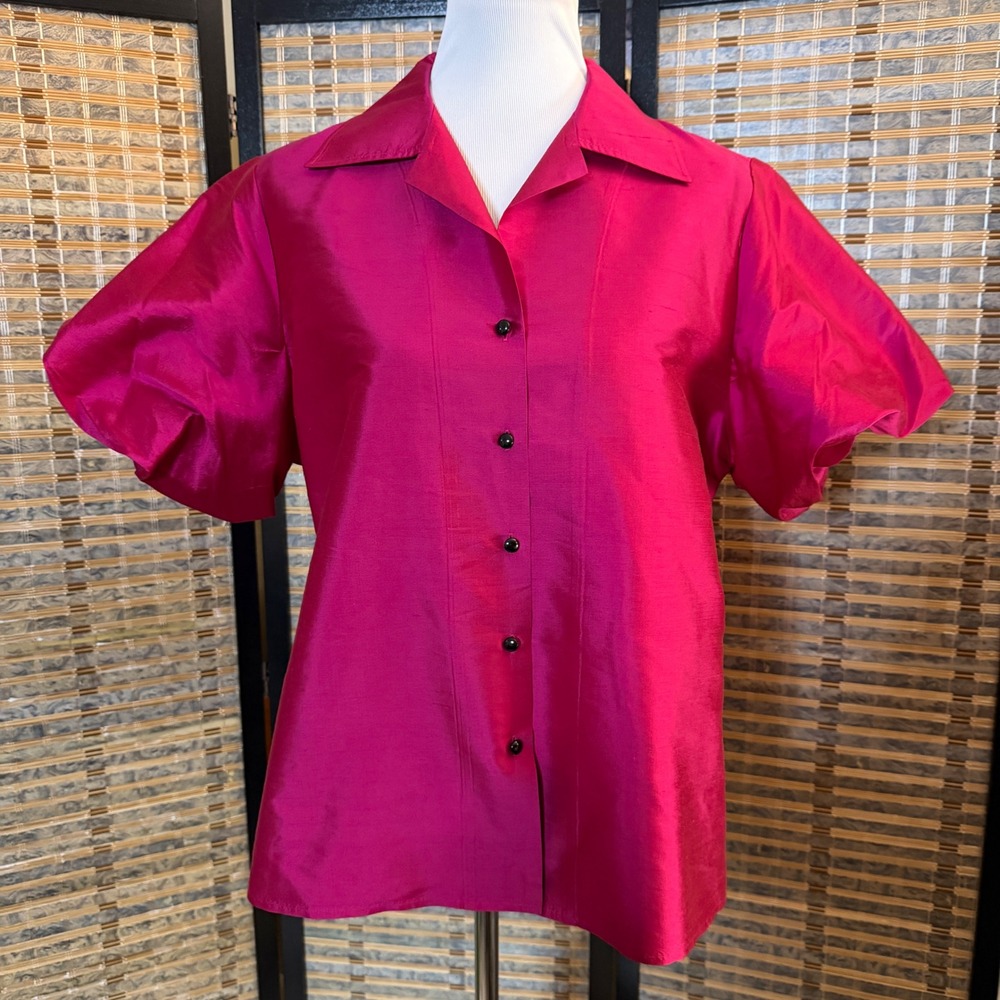 Lauren Ralph Lauren Shirt Womens XL Pink Silk Puff Sleeve Button Down Blouse